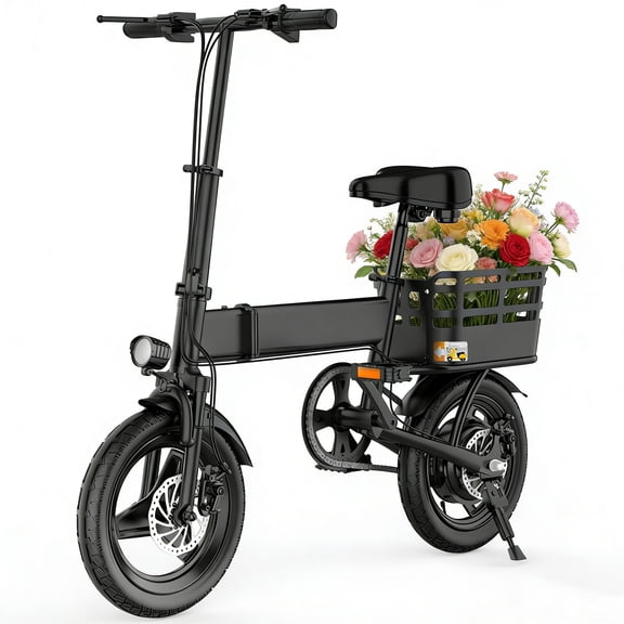 14" Folding Electric Bicycles with 350W Peak 500W,35 Miles 20MPH 12Ah Battery ,Ebike for Adults with Basket,UL2849