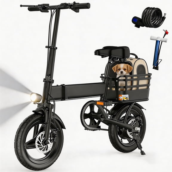 14" Folding Electric Bicycles with 350W Peak 500W,35 Miles 20MPH 12Ah Battery ,Ebike for Adults with Basket,UL2849