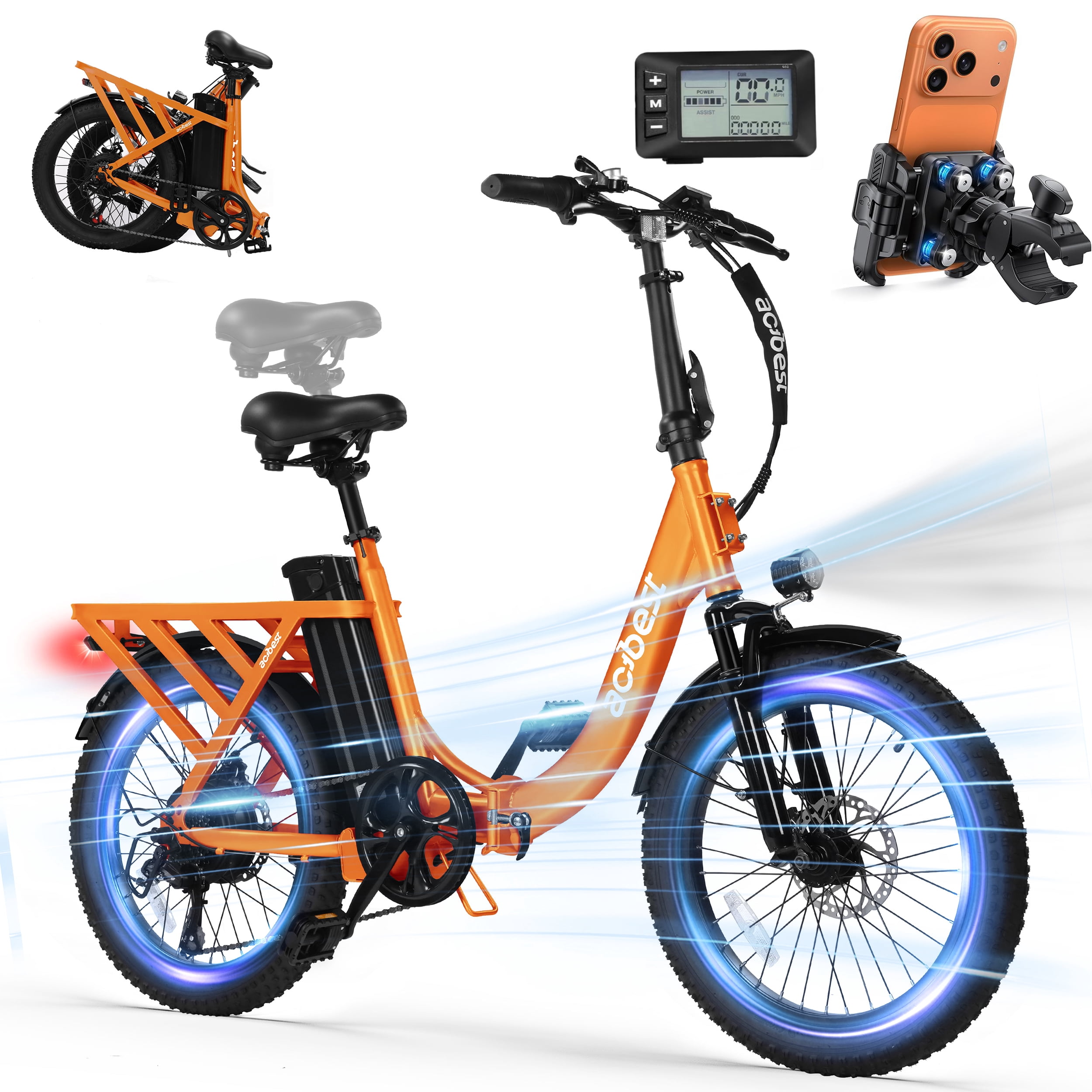 Actbest Electric Bike for Adults, 20'' Fat Tire Folding Ebike with Peak 1200W Motor, 7 Speed 28MPH, Adjustable Bike Stem,(Orange) with Phone Bag
