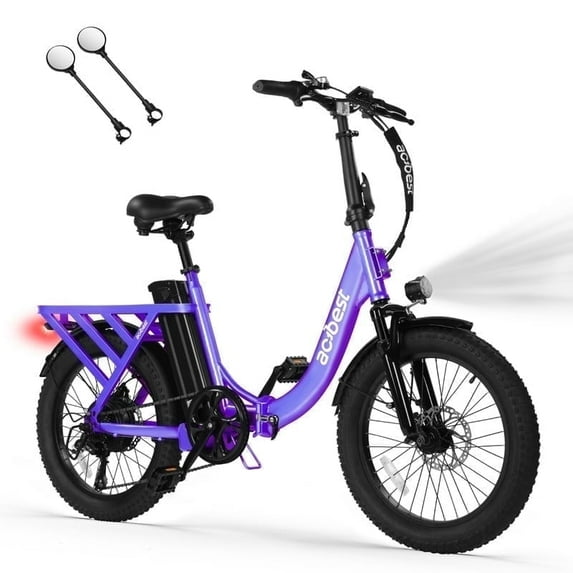 Actbest Electric Bike for Adults, 20'' Fat Tire Folding Ebike with Peak 1200W Motor, 7 Speed 28MPH, Adjustable Bike Stem, (Purple) with Mirror