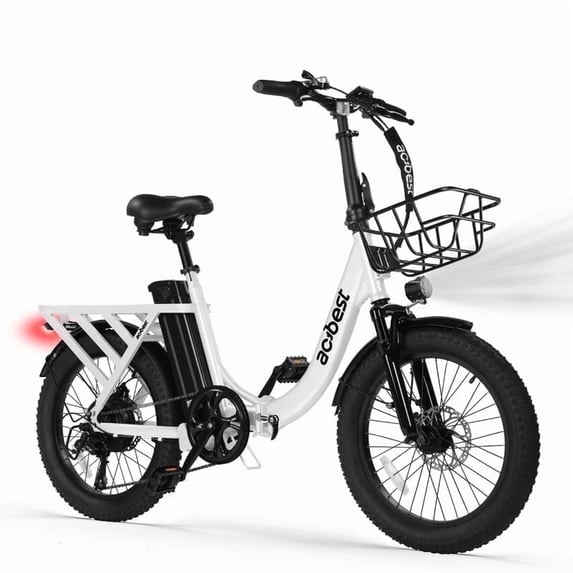Electric Bike for Adults, 20" Fat Tire Folding Ebike with Peak 1200W Motor, 7 Speed 25MPH 48V 13.5AH, Adjustable Bike Stem, (White) with Front Basket