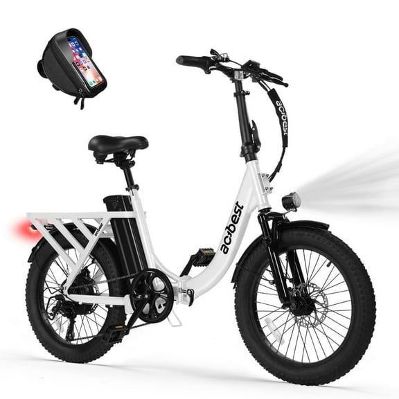 Actbest Electric Bike for Adults, 20'' Fat Tire Folding Ebike with Peak 1200W Motor, 7 Speed 28MPH, Adjustable Bike Stem,(White) with Phone Bag