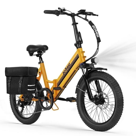 Speedy lite Electric Bike for Adults, 20" Fat Tire Folding Electric Bicycle,Peak 750W, 40Miles Step-Through Ebike, 10.4Ah 20MPH (Yellow) with Saddle Bag