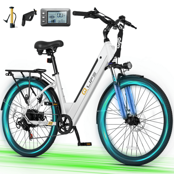 Qlife Electric Bike for Adults,28MPH,1200W Peak Motor 26" Ebike,7-Speed Upgrade 2.0 Electric Bicycle with Front Suspension, (White) with Fender & Rear Rack