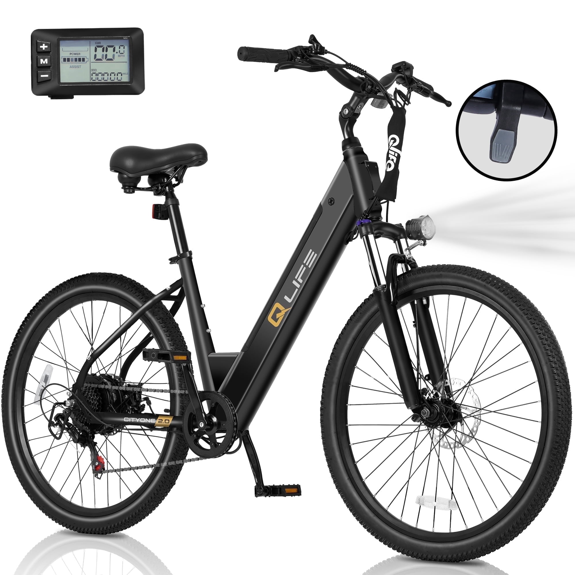 Qlife Electric Bike for Adults,28MPH,1200W Peak Motor 26" Ebike,7-Speed Upgrade 2.0 Electric Bicycle with Front Suspension,(Black)