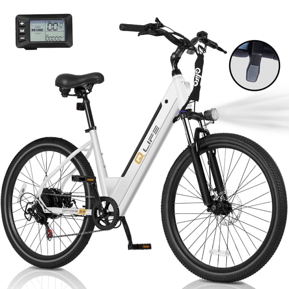 Qlife Electric Bike for Adults,28MPH,1200W Peak Motor 26" Ebike,7-Speed Upgrade 2.0 Electric Bicycle with Front Suspension,(White)