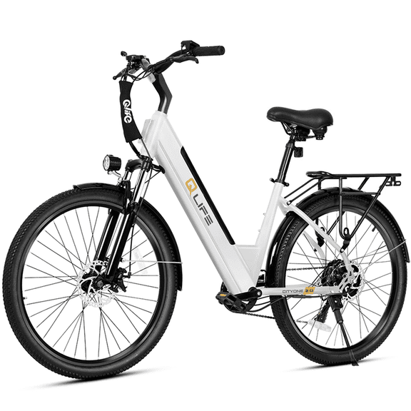 Qlife Cityone 2.0 Electric Bike for Adults,48V 10.4Ah 500W Hub Motor, 28 MPH Max Speed,26" Ebike,7-Speed Electric Bicycle with Front Suspension,(White)