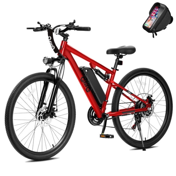 Qlife Electric Bike for Adults - 21-Speed Mountain Lightweight Ebike with Peak 750W 20MPH Brushless Motor, 26X2.1 Full Suspension Tire Step Over E-MTB(Red) with Phone Bag