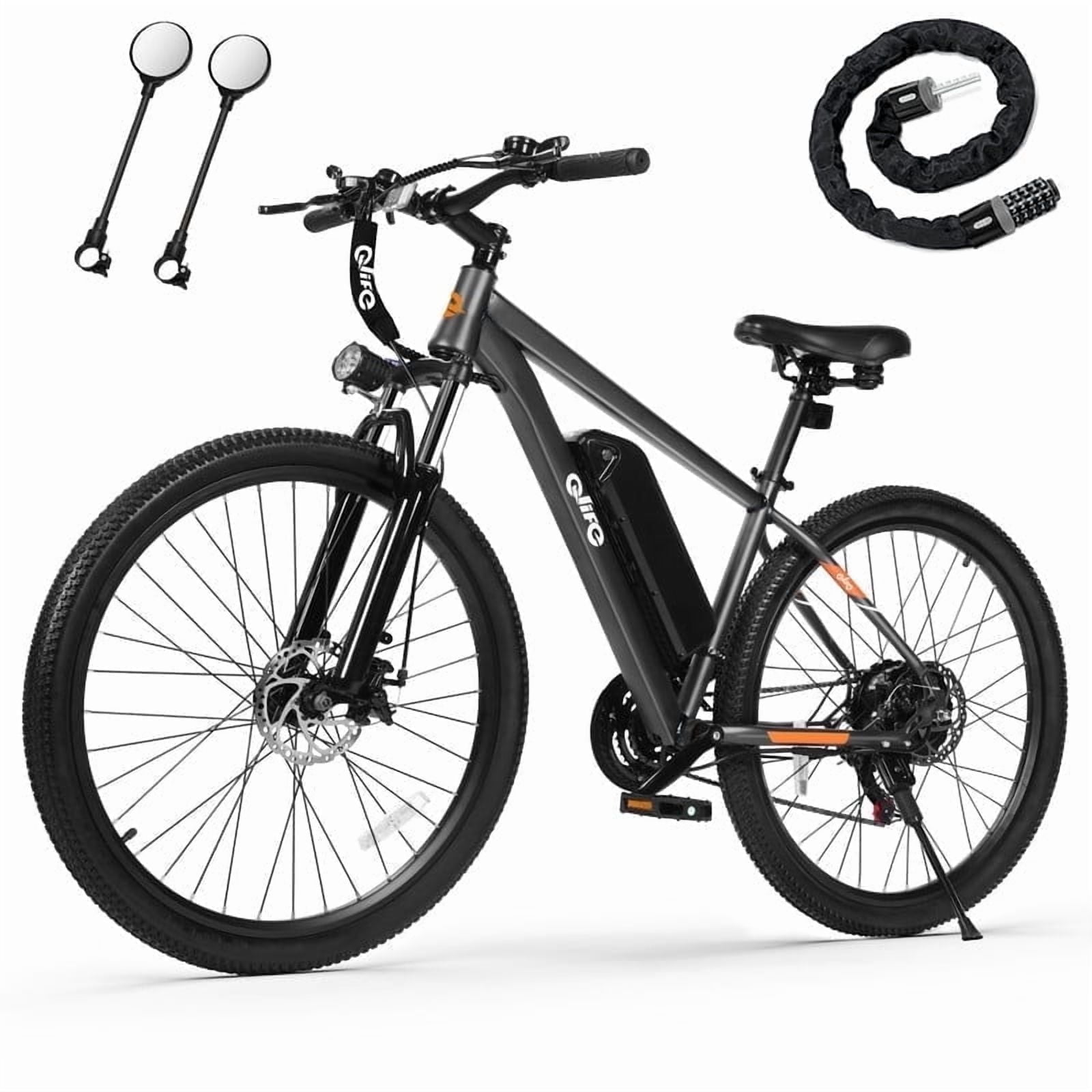 Qlife Electric Bike for Adults - 21-Speed Mountain Lightweight Ebike with Peak 750W 20MPH Brushless Motor, 26X2.1 Tire Step Over E-MTB (Grey) with Mirror & Lock