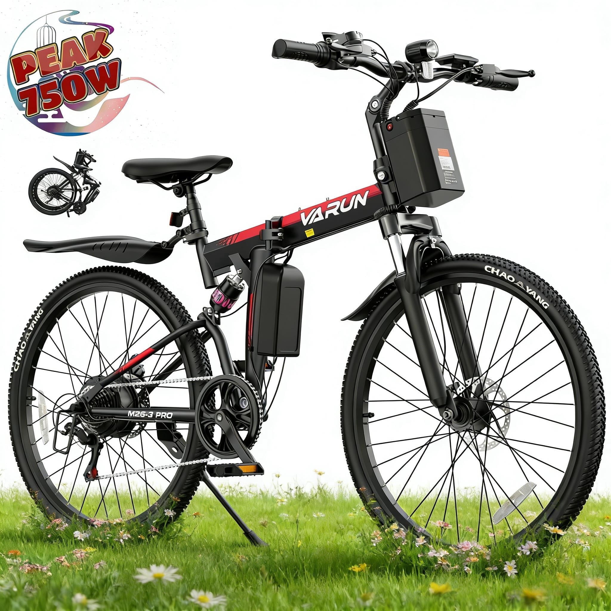 26" Electric Bike for Adults, Folding Electric Mountain Bike, Peak 750W Motor, 48V 374.4Wh Battery, up to 20 mph 50 Miles, 7 Speed Gears, UL2849(Red)