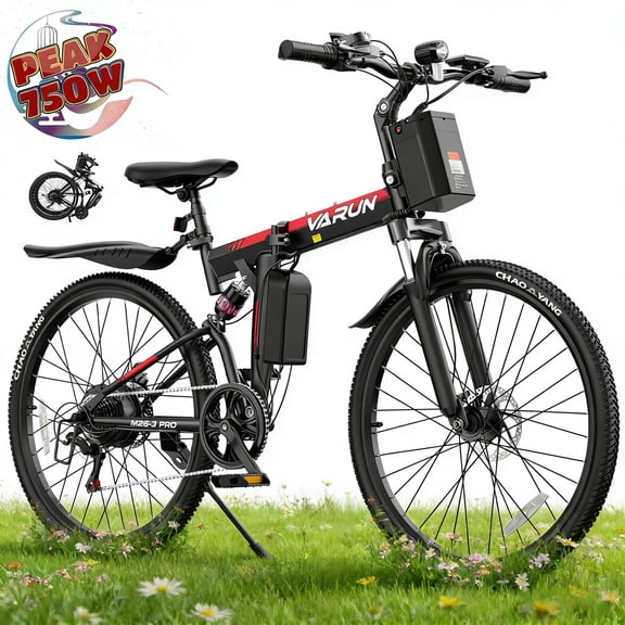 Electric Bike for Adults, 26" Folding E Bike with Peak 750W Motor, 48V 374.4Wh Removable Battery, up to 20+ mph 50 Miles, 7 Speed Gears, Full Suspension System UL2849(Red)