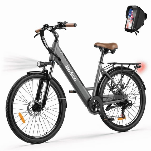 Actbest Electric Bike for Adults, 26 inch Step Thru Electric Bicycle, 22Mph Peak 750W Brushless Motor Ebike, with 7 Speed, Up to 50 Miles,Grey with Phone Bag
