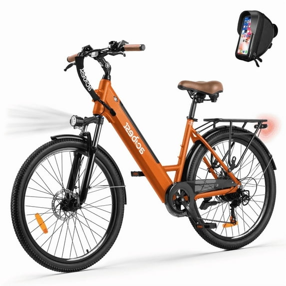 Actbest Electric Bike for Adults, 26 inch Step Thru Electric Bicycle, 22Mph Peak 750W Brushless Motor Ebike, with 7 Speed, Up to 50 Miles,Orange with Phone Bag