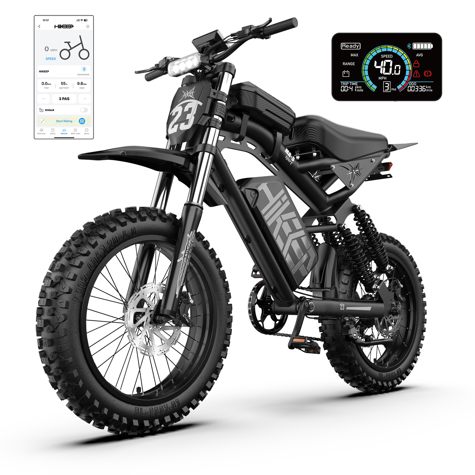Electric Bike for Adults 3000W, 52V 40Ah Long Range E-Bike, 85 Miles Fat Tire Electric Mountain Bicycle, 20"x4" Electric Dirt Bike, Full Suspension 7-Speed Shimano, Off-Road Ebike, UL2849, Black