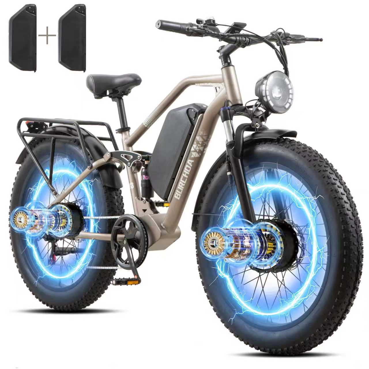 Electric Bike for Adults 5000W AWD Dual Motor 40MPH 210Nm Torque 52V 60Ah Battery 150 Miles 26" Fat Tire Off Road E-mountain bike Full Suspension&Hydraulic Brakes UL2849 Electric Bicycles