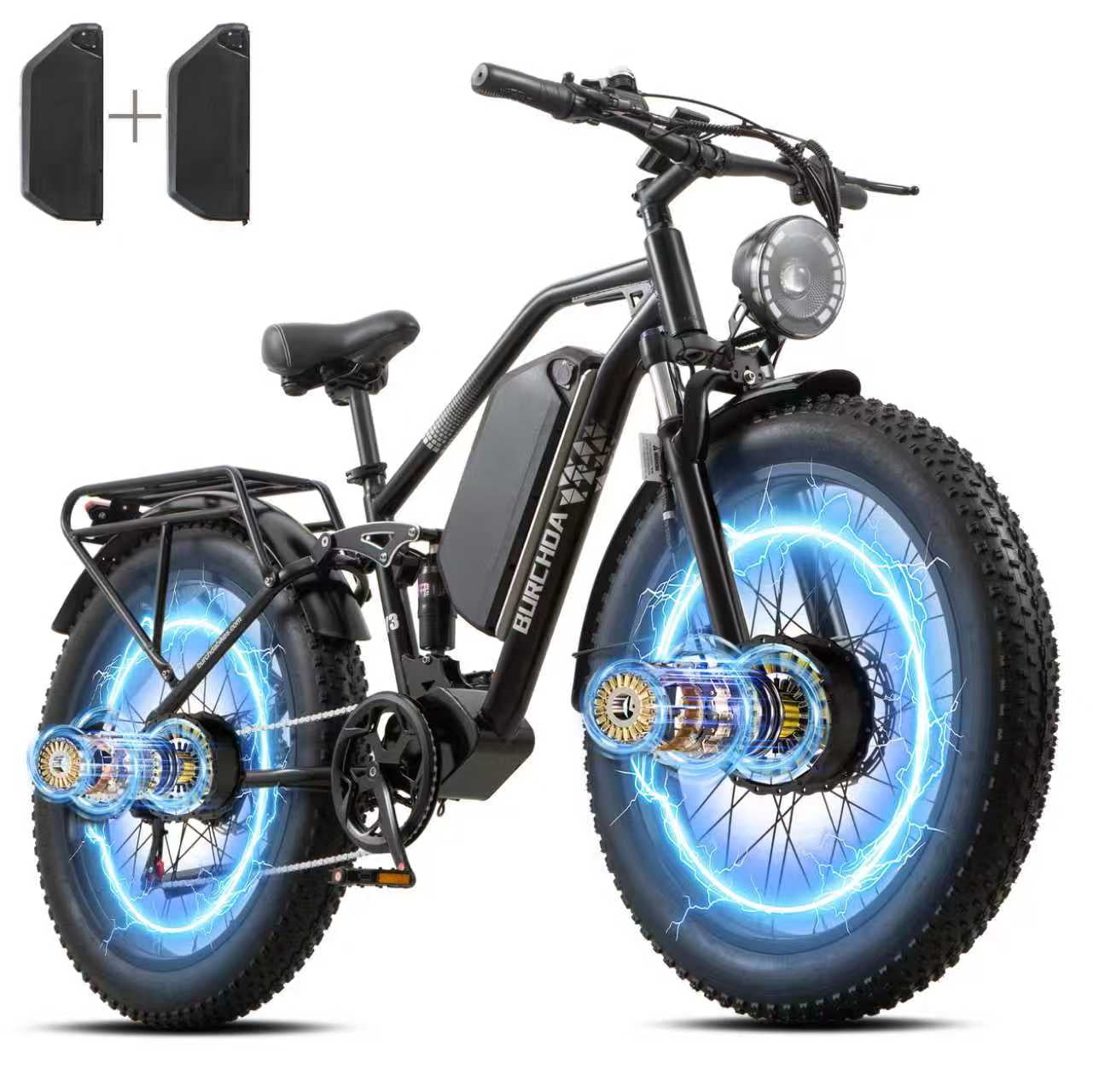 Electric Bike for Adults 5000W AWD Dual Motor 40MPH 210Nm Torque 52V 60Ah Battery 150 Miles 26" Fat Tire Off Road E-mountain bike Full Suspension&Hydraulic Brakes UL2849 Electric Bicycles