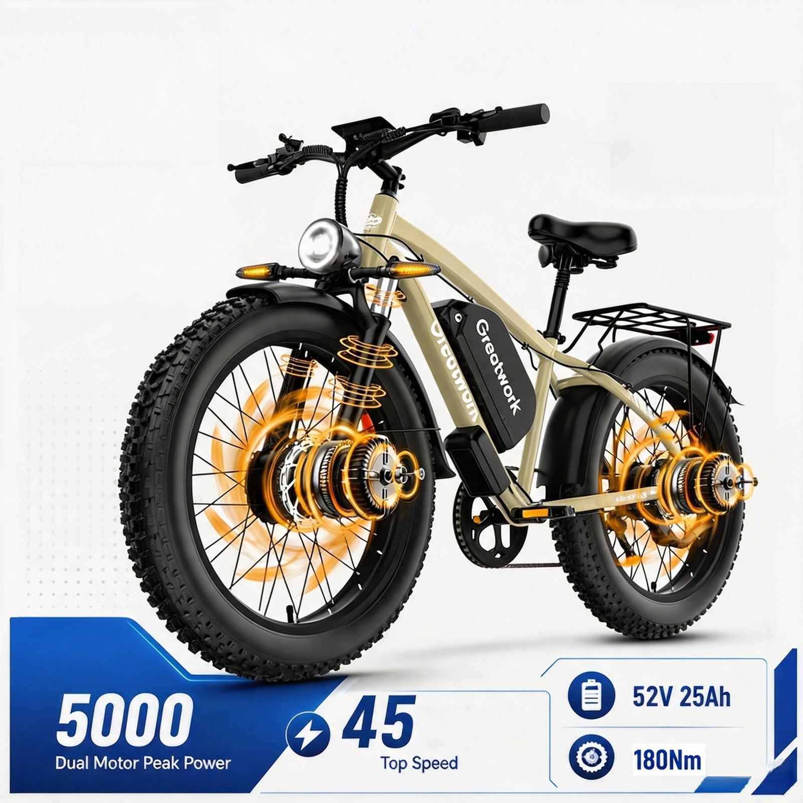 Dirt Bike for Adults, Peak 5000W Dual Motor 100 Miles Long Range & 45MPH , 52V 25AH 7-Speed AWD Bicycle, 26" Fat Tire MTB Hydraulic Brake UL2849