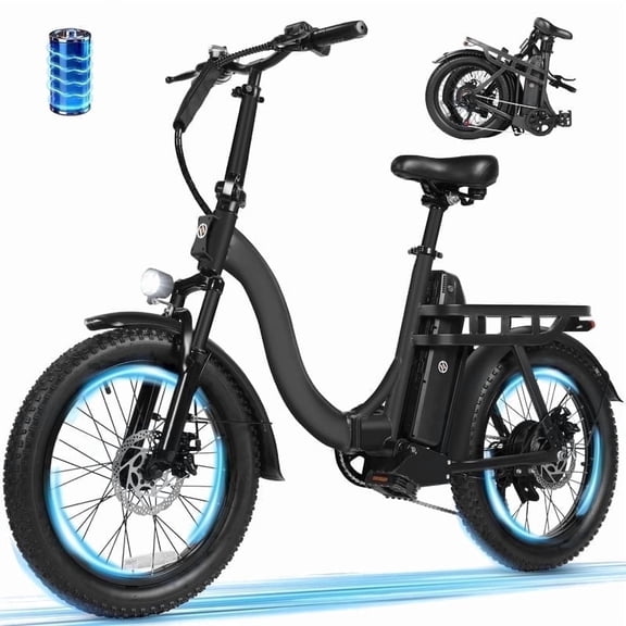 ESKUTE D200 Electric Bike for Adults 750W Peak Motor 19.8 Mph, Folding 20x3 Inch Fat Tire E‑Bike, 48V 10.4Ah Up to 55 Miles, with 7‑Speed Step‑Through Cargo Fold E Bicycle, NFC Unlock Black, UL2849