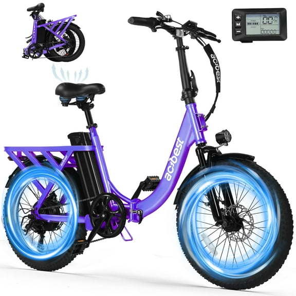 Actbest Electric Bike for Adults, 20'' Fat Tire Folding Ebike with Peak 1200W Motor, 7 Speed 28MPH, Adjustable Bike Stem,(Purple)