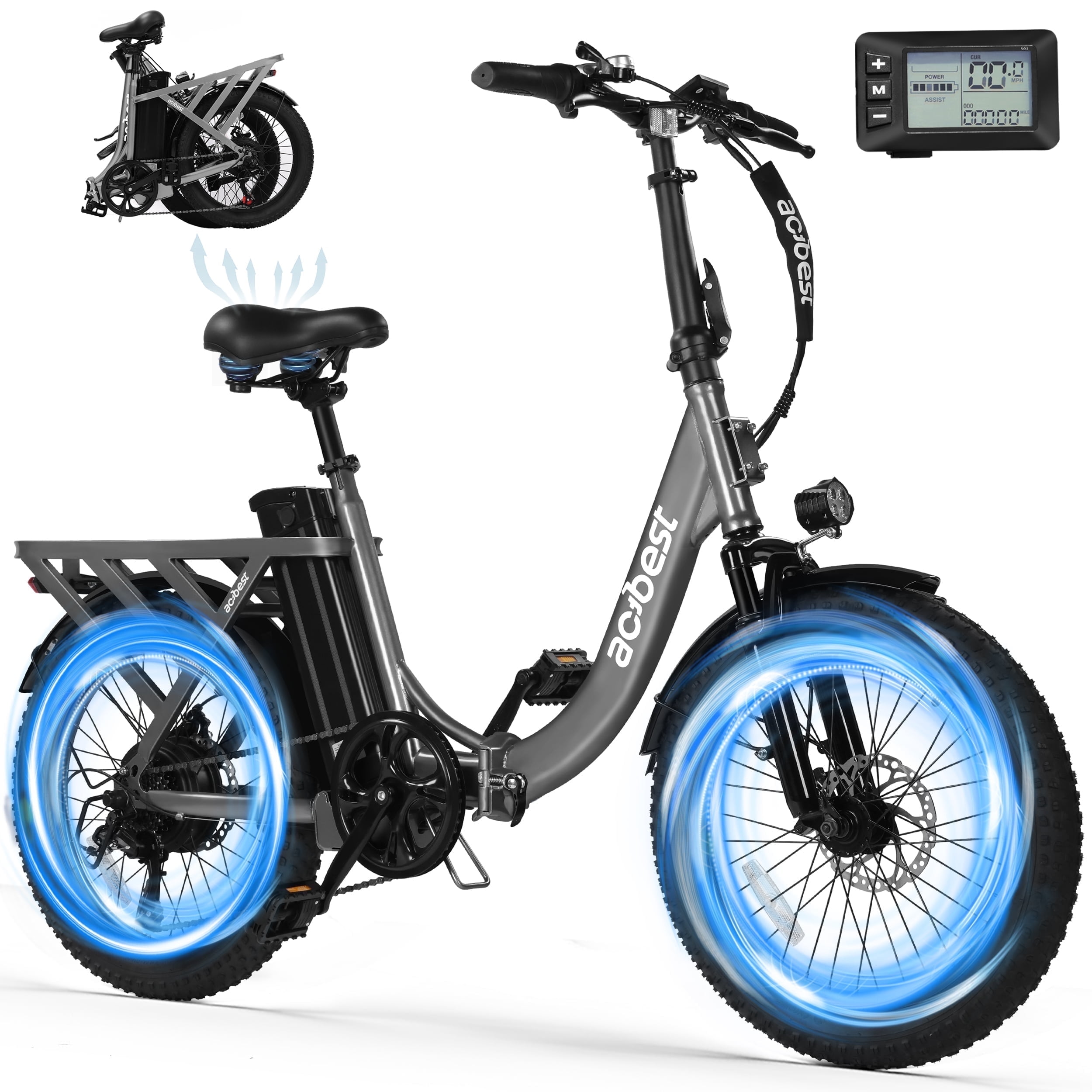 Actbest Electric Bike for Adults, 20'' Fat Tire Folding Ebike with Peak 1200W Motor, 7 Speed 28MPH, Adjustable Bike Stem,(Gray)