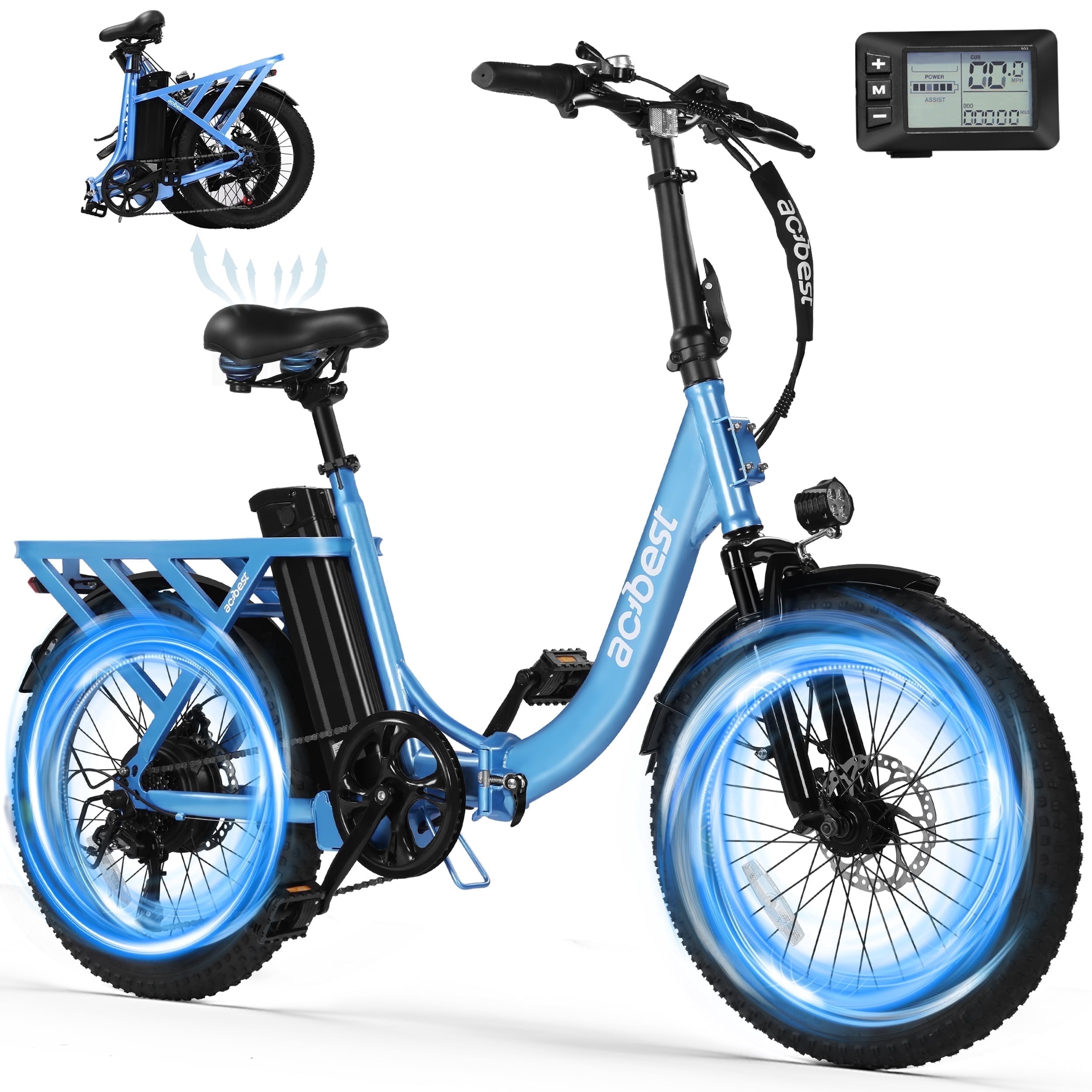 Electric Bike for Adults, 20'' Fat Tire Folding Ebike with Peak 1200W Motor, 7 Speed 28MPH, Adjustable Bike Stem,(Blue)