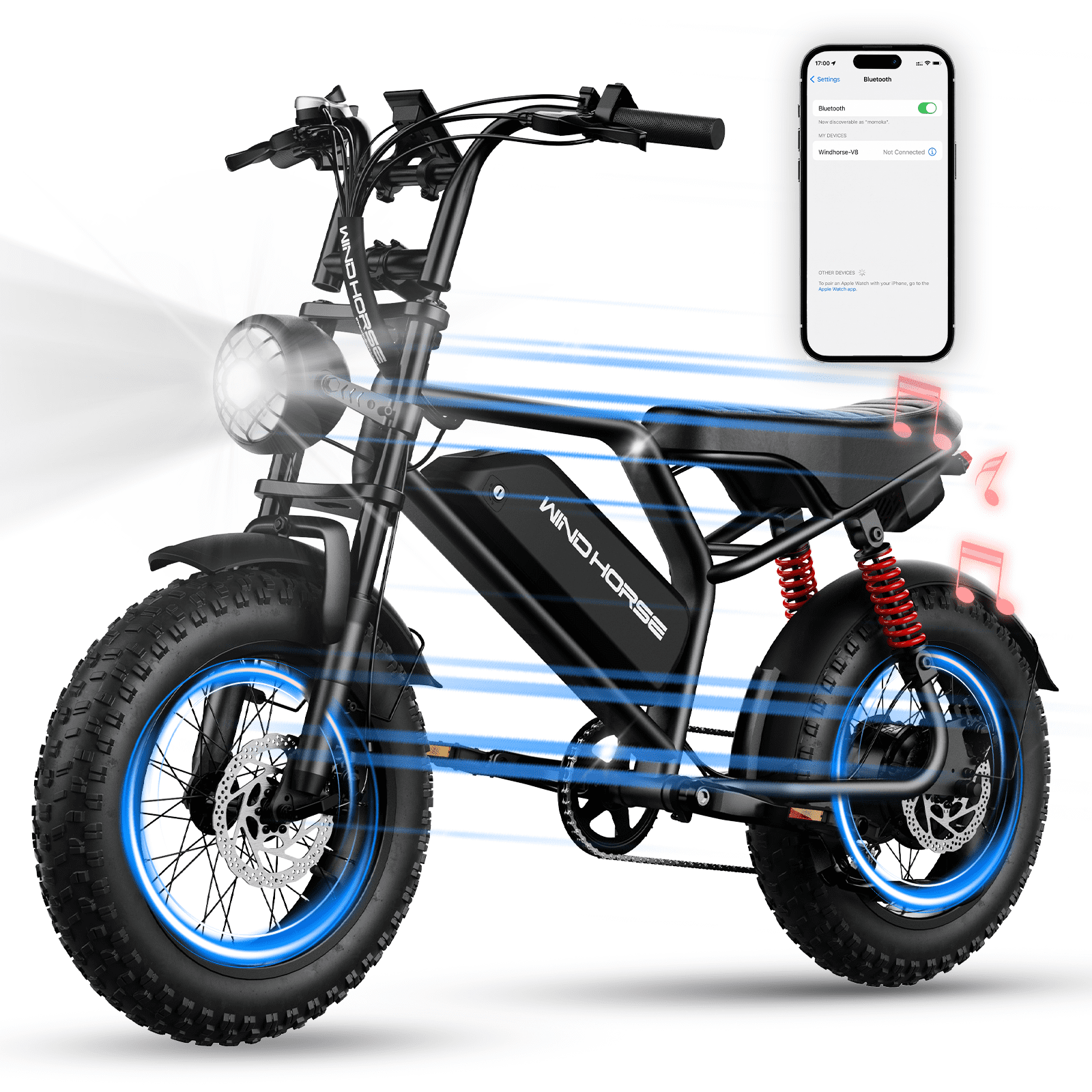 WINDHORSE Electric Bike for Adults, 20 mph 35-65 Miles 16" Fat Tire E Mountain Bike Built-in Speaker, 1255W Peak Electric Bicycle UL