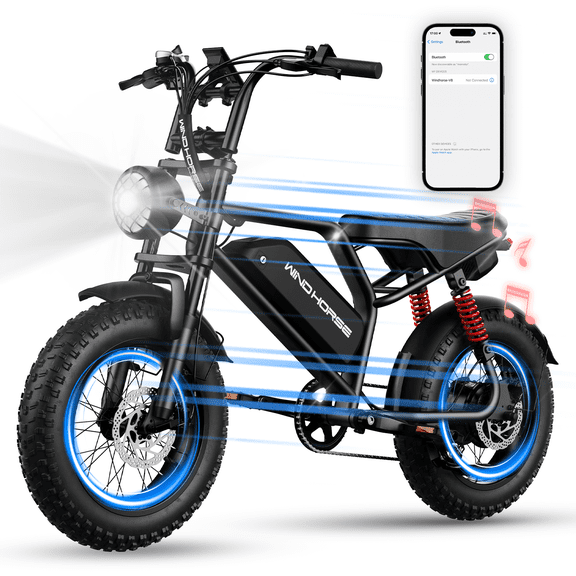 WINDHORSE Electric Bike for Adults, 20 mph 35-65 Miles 16" Fat Tire E Mountain Bike Built-in Speaker, 1255W Peak Electric Bicycle UL