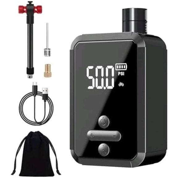 Electric Bike Pump, Fast Inflation Air Pump with Gauge, Up to 150PSI, Efficient Heat Dissipation, Rechargeable, with Bright LED Light, Portable Bicycle Pump for Road Bike, Motorcycle, Ball