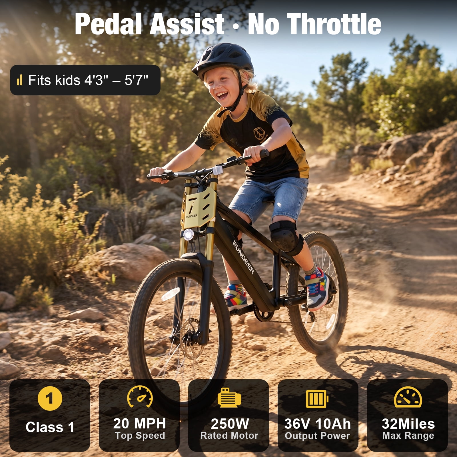 RUNDEER 20'' Electric Bike for Kids Age 6-13, Ebike for Kids, 20MPH, 32 Miles Range, 250W, 48V/20Ah, 2849 by TÜV Certified, 1-Year Warranty, As a Gift for Birthday, Black