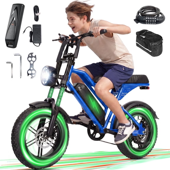 ESKUTE V100 Electric Bike for Teens Adults Students, 750W 20 Mph 48V 13 Ah,16"x4.0" Fat Tire E Bicycle, 7-Speed Dual Suspension Mountain EBike Blue with Phonebag & Lock, UL2849