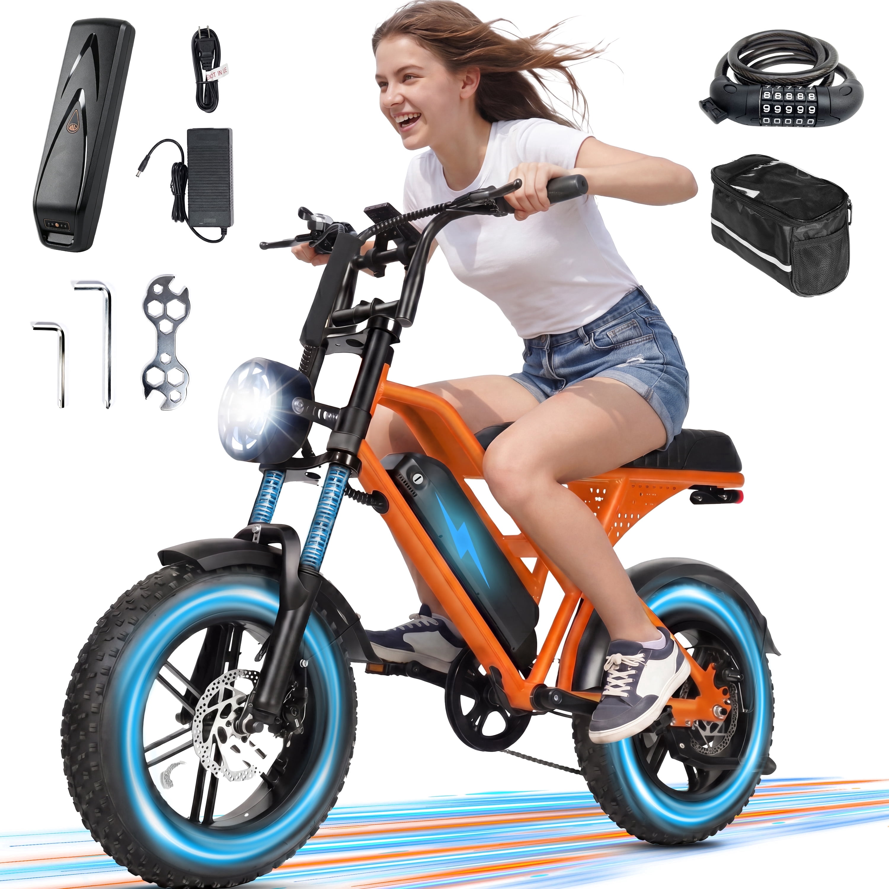 ESKUTE V100 Electric Bike for Teens Adults Students, 750W 28 Mph 48V 13 Ah,16"x4.0" Fat Tire E Bicycle, 7-Speed Dual Suspension Mountain EBike Orange with Phonebag & Lock, UL2849
