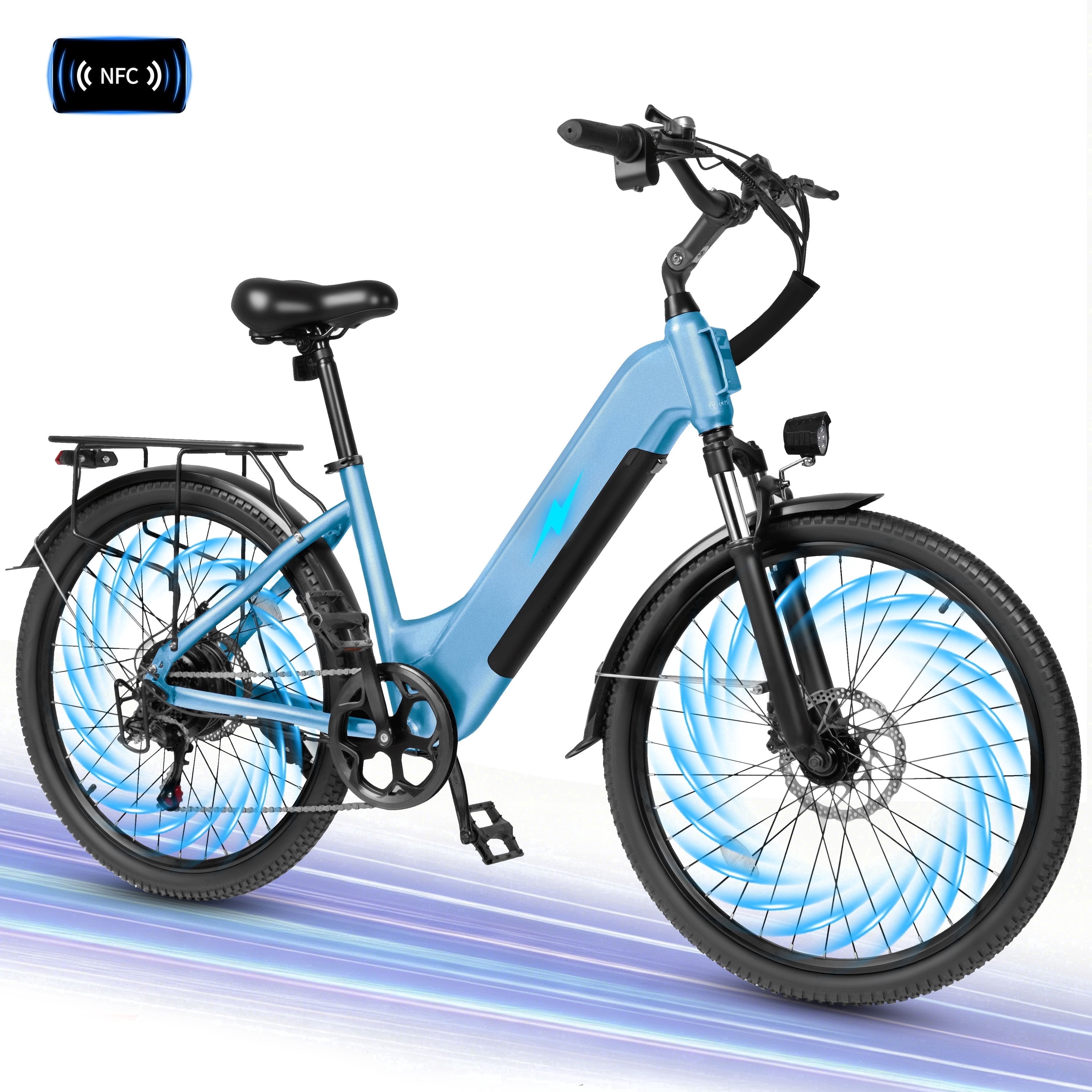 Electric Bike for Adults – 1300W Peak Motor, 28MPH, 840Wh Removable Battery, Up to 70-Mile Range, 26" Tires, 7-Speed Adjustable Stem, Step-Thru, Blue