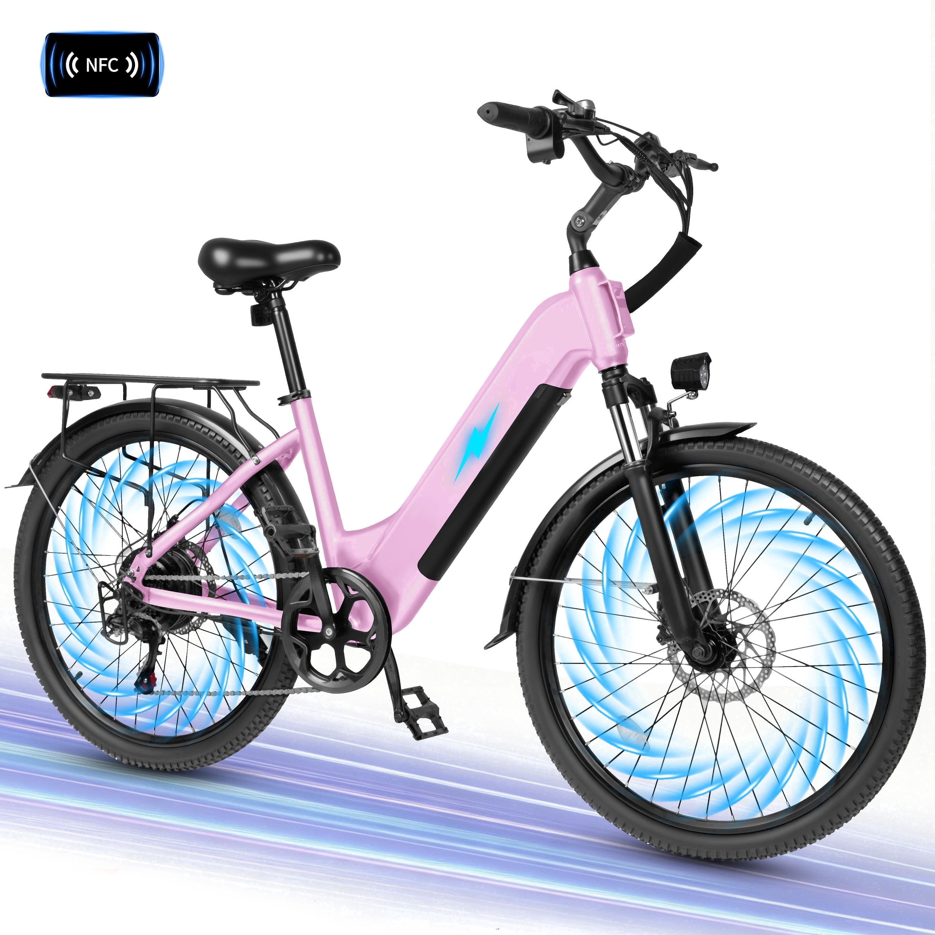 Electric Bike for Adults – 1300W Peak Motor, 28MPH, 840Wh Removable Battery, Up to 70-Mile Range, 26" Tires, 7-Speed Adjustable Stem, Step-Thru, Pink