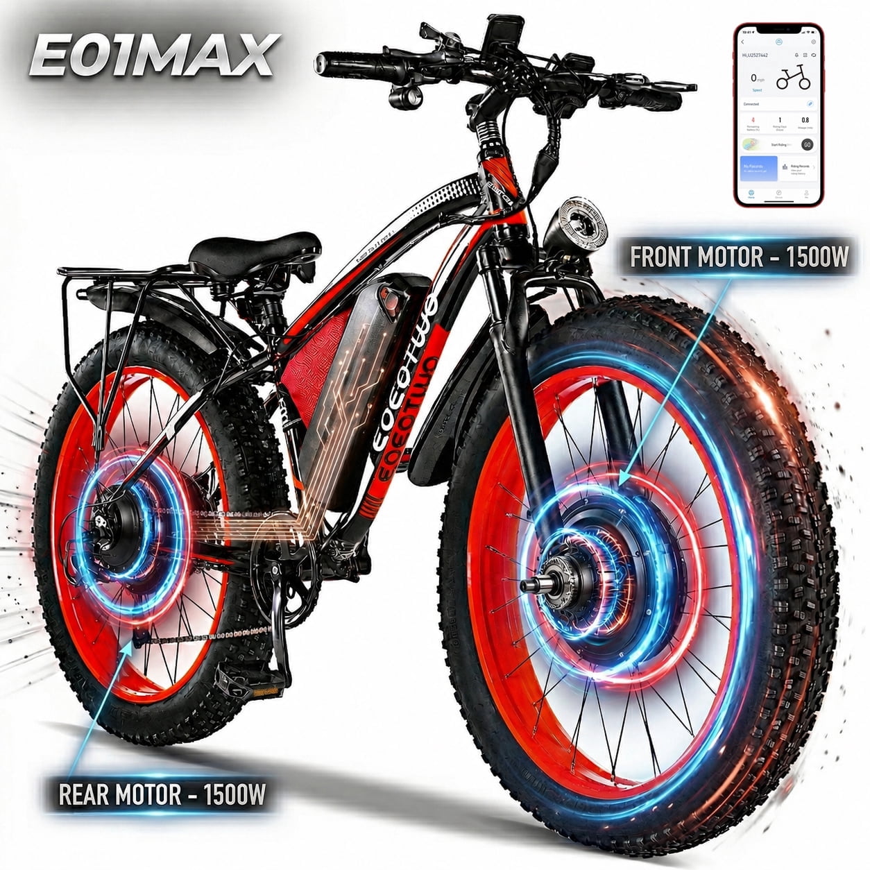 EOEOTWO E01MAX 26" Fat Tire Electric Bike for Adults, Peak Dual Motor Mountain E-Bike, Off-Road, 48V 23Ah Battery, 80-Mile Range, Hydraulic Brakes, UL 2849 Certified