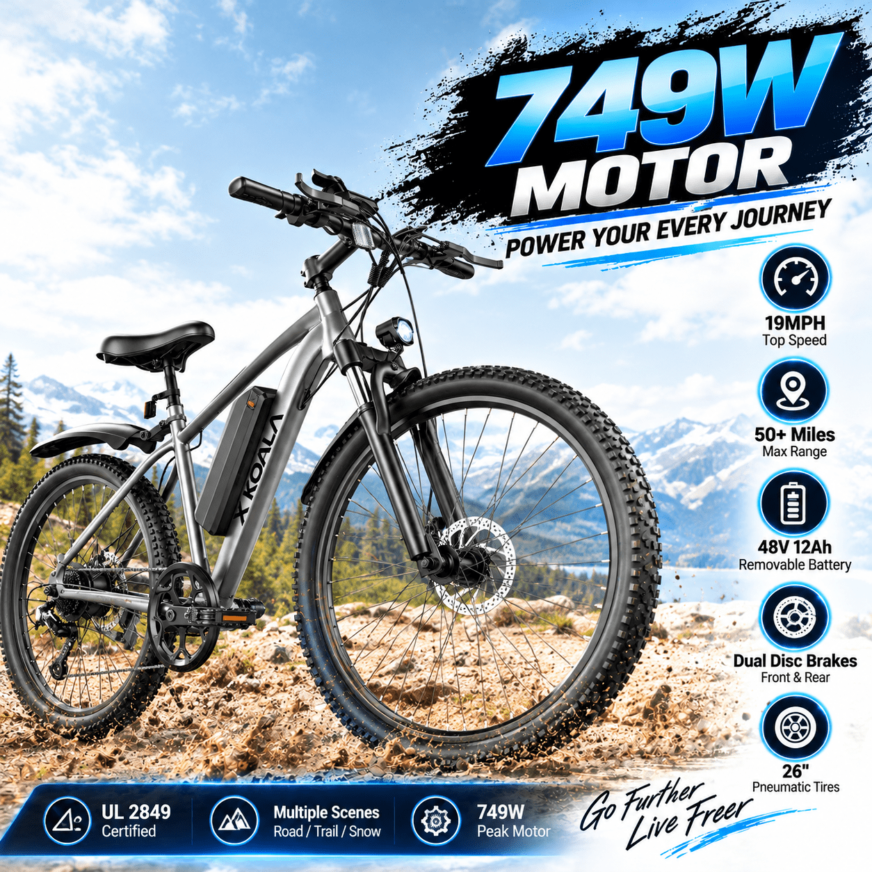 Electric Bike for Adults, 26" E Bike with 750W Motor, 20 MPH, 50+ Miles Electric Bicycle, UL 2849 Electric Mountain Bike