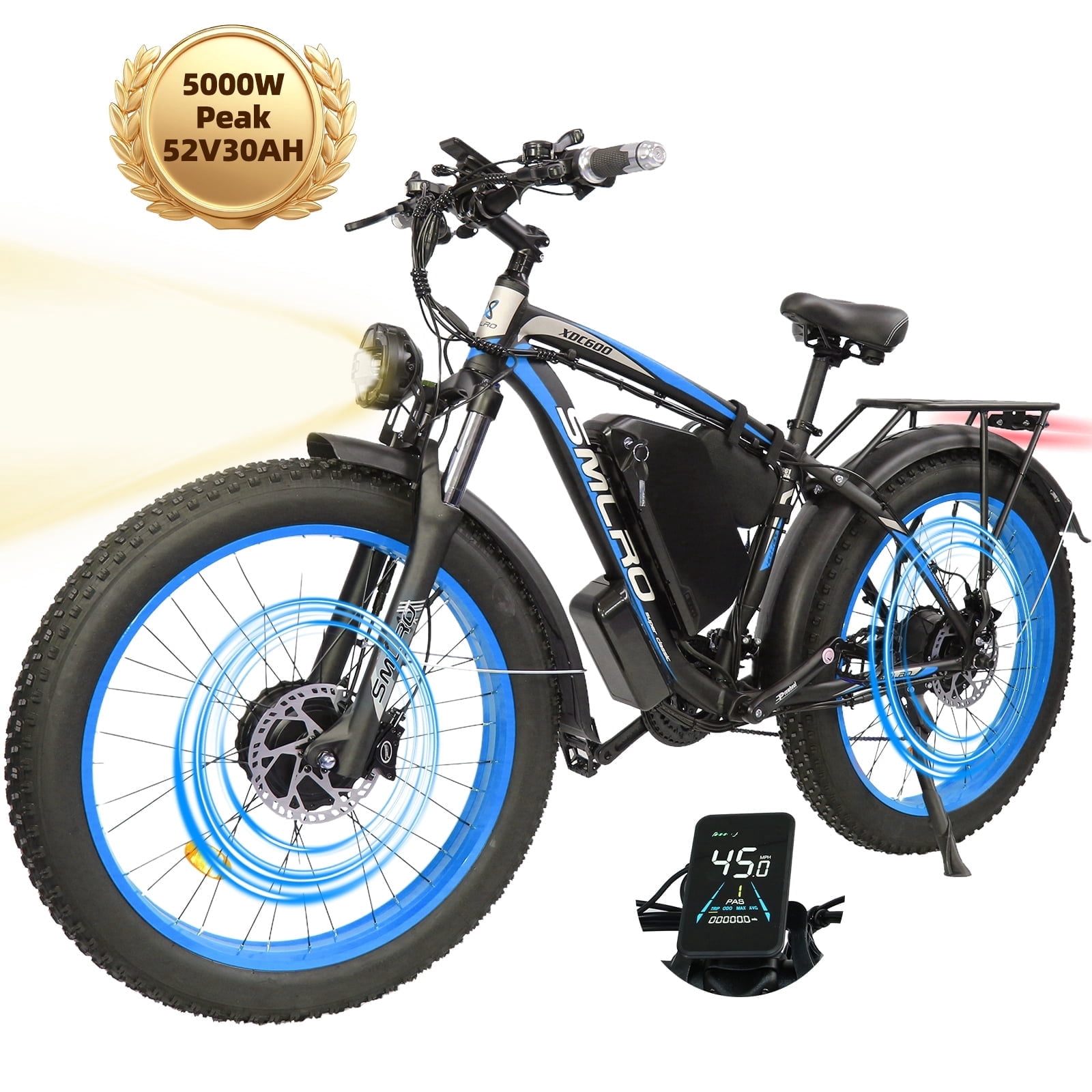 Electric Bike for Adults, 26x4.0 Fat Tire E-Mountain Bicycle, Peak 5000W Motor 52V-30Ah, Mountain Bike Beach Snow Ebike for Men, Blue