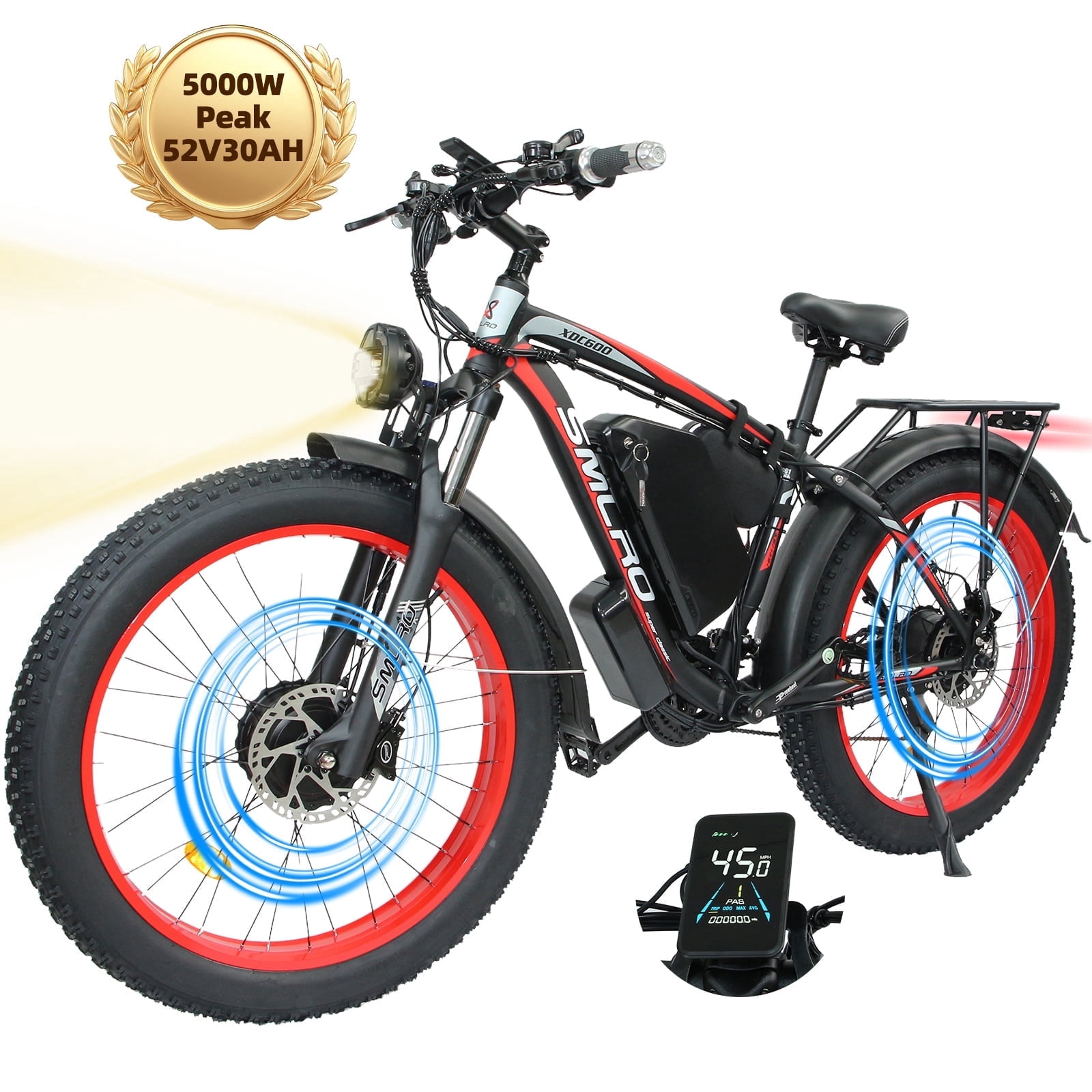 Electric Bike for Adults, 26x4.0 Fat Tire E-Mountain Bicycle, Peak 5000W Motor 52V-30Ah, Mountain Bike Beach Snow Ebike for Men, Red