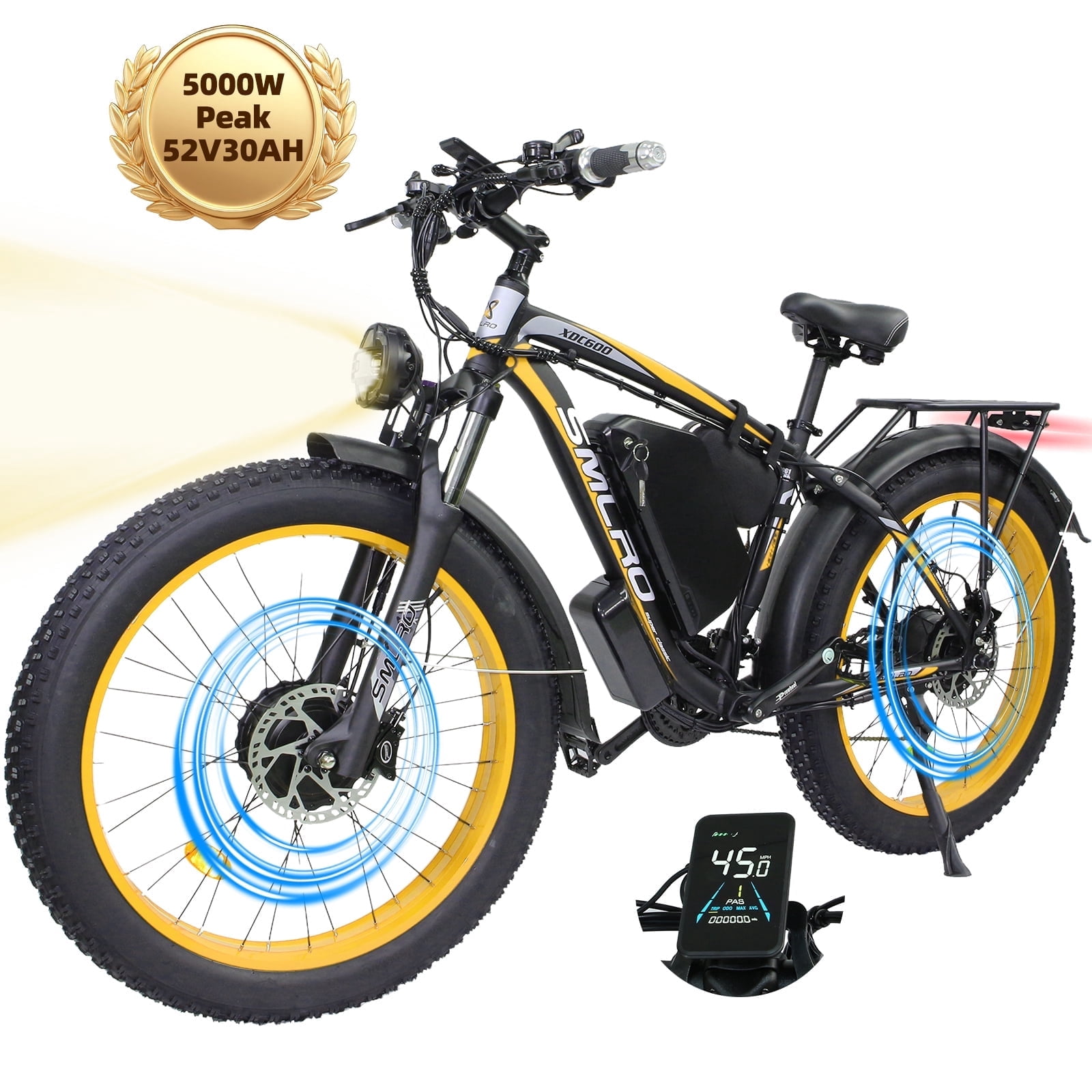 Electric Bike for Adults, 26x4.0 Fat Tire E-Mountain Bicycle, Peak 5000W Motor 52V-30Ah, Mountain Bike Beach Snow Ebike for Men, Yellow