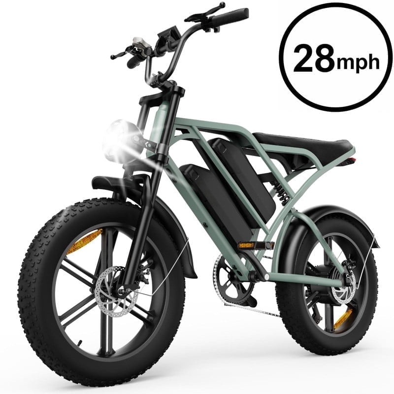 Electric Bike for Adults,28MPH,1000W Peak Motor,100+ Miles Range,Dual Battery,7-Speed,20" Fat Tire E-Bike,Moped Style Electric Bicycles,Green