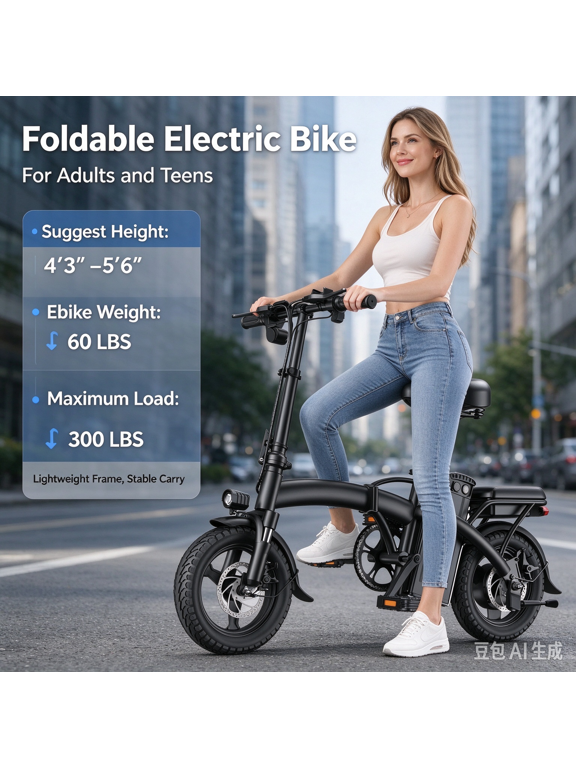 Electric Bike for Adults – 48V 350W Motor, 48V 10Ah Battery, 20 MPH, 25 KM Range, 14" Tires, Lightweight Commuter E-Bike