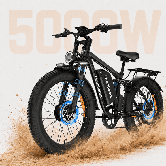 Electric Bike for Adults,5000W Peak Dual Motor Ebike 45MPH E Bikes,52V 25AH 100 Miles Range Ebike,26”Fat Tire Full Suspension E-Bike UL2849