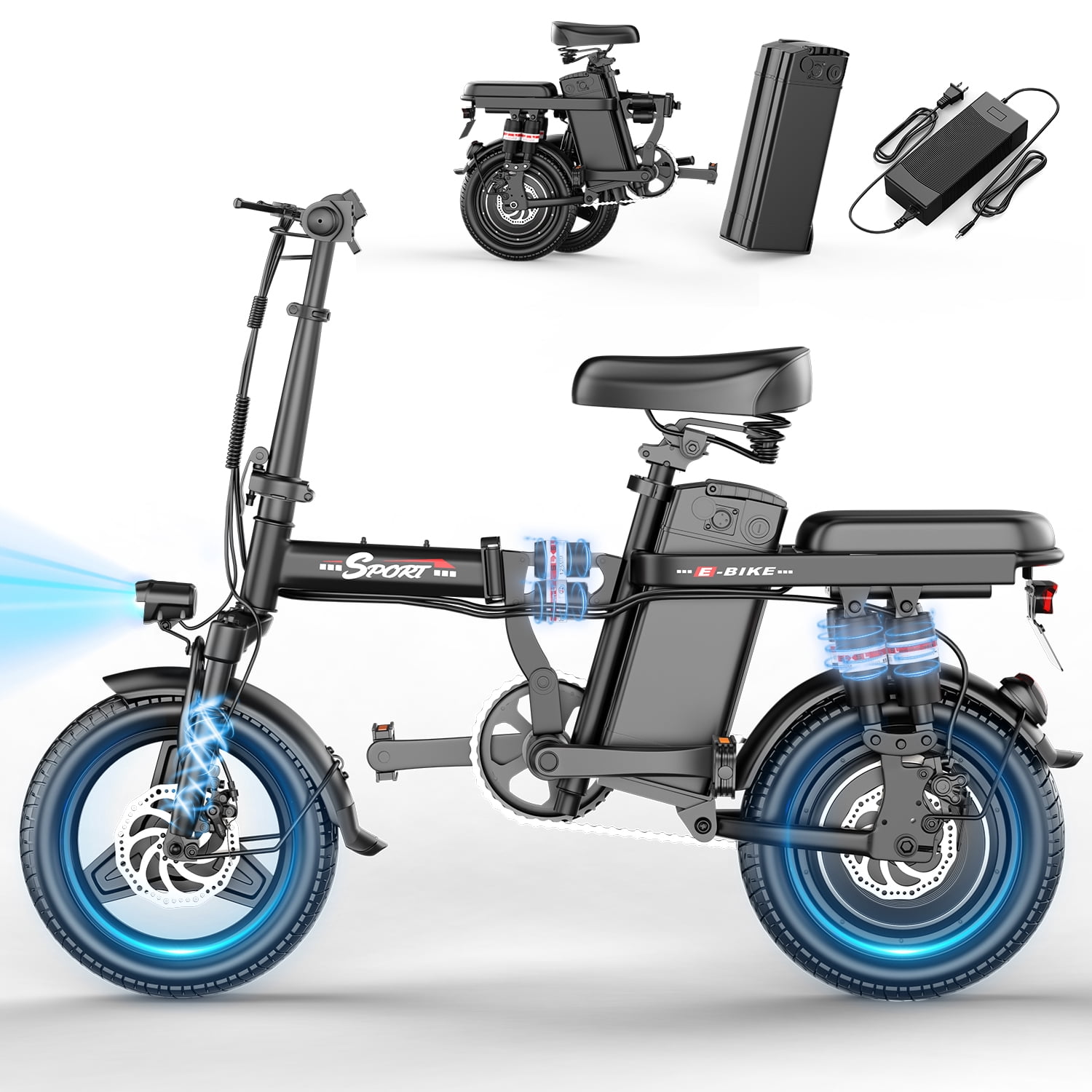 Two-Person Foldable Electric Bike for Adults, 750W Peak Motor, 25MPH Top Speed, 48V 15Ah Removable Battery, 30 Miles Range, 300 lbs Load Capacity, 14" Tires, Multi-Shock Absorption, UL2849 Certified