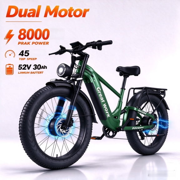 Peak 8000W Dual Motor Bike for Adults, 52V 30Ah Max 45MPH & 100 Miles Range, 26" Fat Tire Full Suspension for All Terrain 400lbs Capacity UL2849