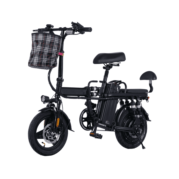 Electric-Bike-for-Adults, Folding-E-Bike-with-Basket, 14" Wheels, 20 mph, 500W Brushless Motor, 48V 15AH Removable Battery, 9 Shock Absorbers, 30-Mile Range, LCD Display