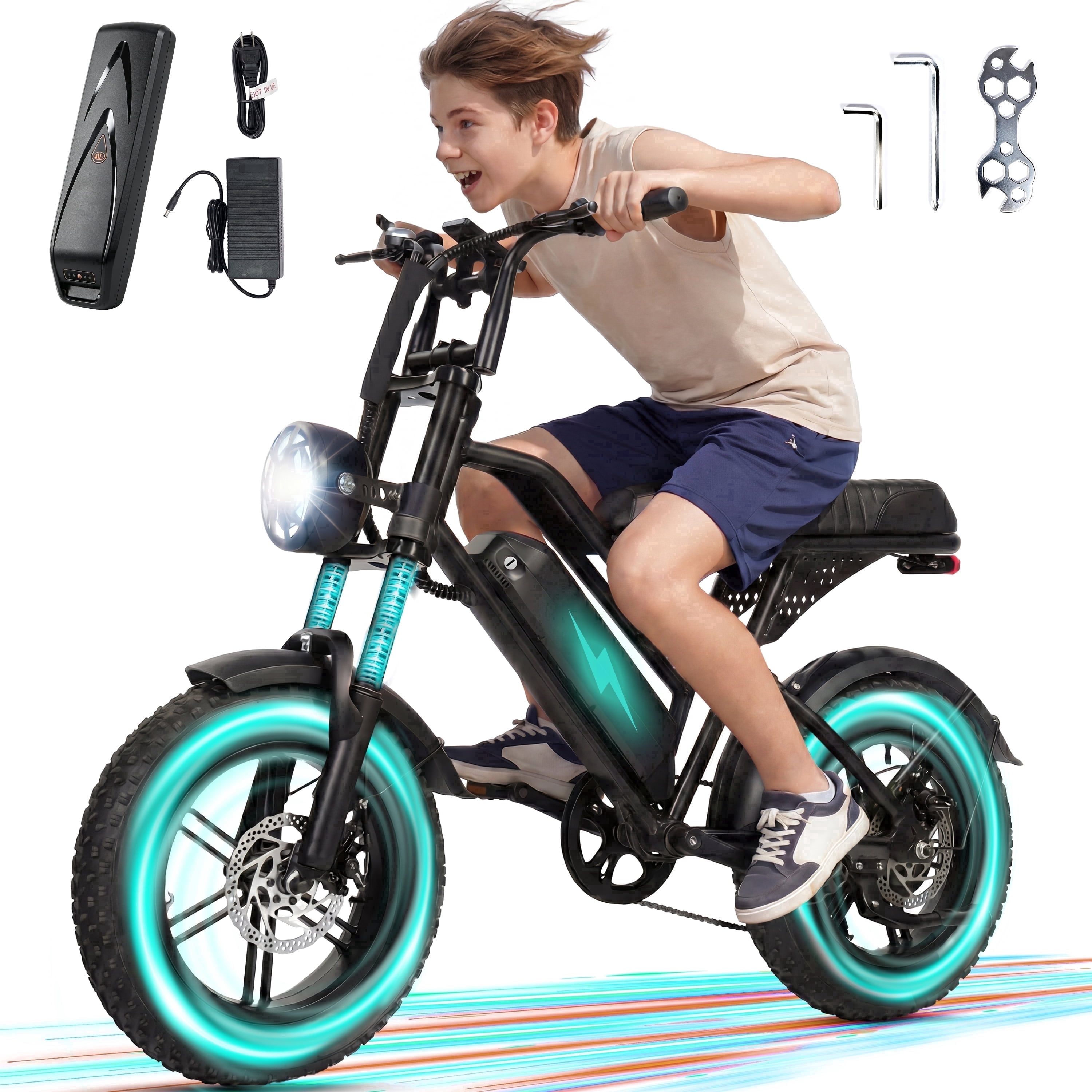 ESKUTE V100 Electric Bike for Teens Adults Students, 750W 20 Mph 48V 13 Ah,16"x4.0" Fat Tire E Bicycle, 7-Speed Dual Suspension Mountain EBike Black, UL2849