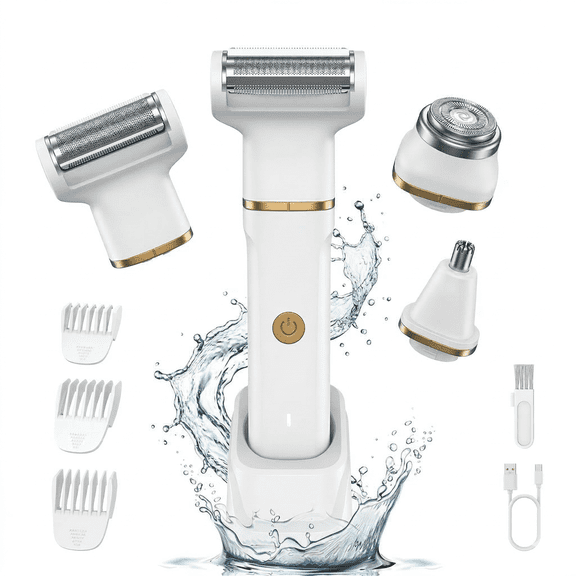 Electric Bikini Trimmer for Women,4 in 1 Electric Shaver for Women,Waterproof Pubic Hair Trimmer and Facial Hair Remover,Replaceable Razors & Nose Hair Trimmer,Dock Charging Women's Grooming Kit