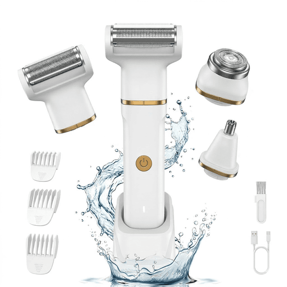 Hoey Electric Bikini Trimmer for Women, 4-in-1 Waterproof Electric Shaver with USB Rechargeable Dock, Facial Hair Remover, Nose Hair Trimmer, Adjustable Combs