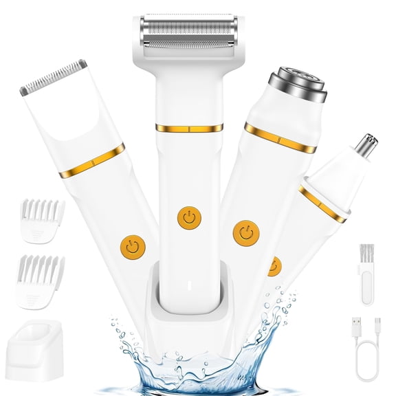 Hoey Electric Bikini Trimmer for Women, 4-in-1 Waterproof Electric Shaver with USB Rechargeable Dock, Facial Hair Remover, Nose Hair Trimmer, Adjustable Combs