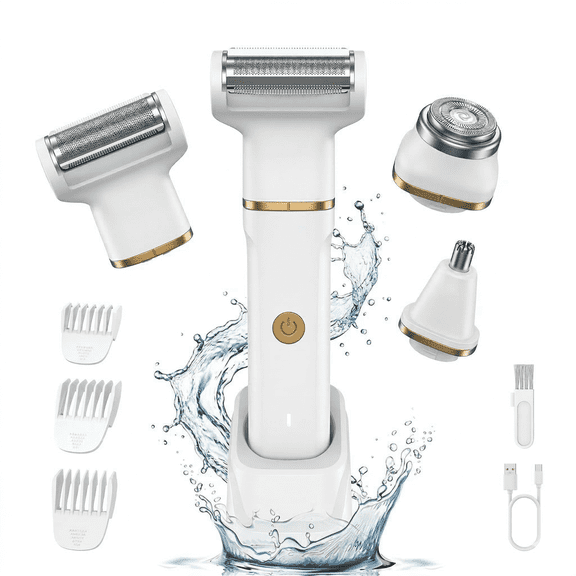 Electric Bikini Trimmer for Women,4 in 1 Electric Shaver for Women,Waterproof Pubic Hair Trimmer and Facial Hair Remover,Replaceable Razors & Nose Hair Trimmer,Dock Charging Women's Grooming Kit
