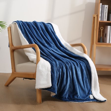 Electric Blanket 50" x 60" Heated Throw Flannel & Sherpa Fast Heating Blanket with 6 Heating Levels & 5 Hours Auto Off, Home Office Use, Blue & White